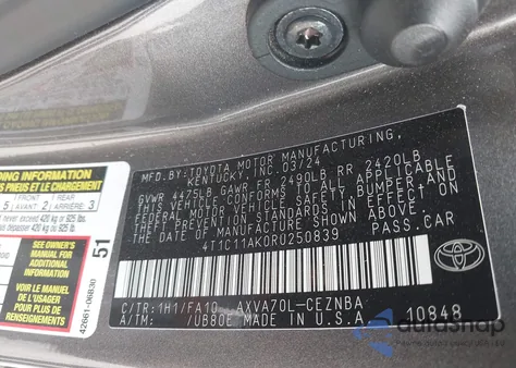 2024 Toyota Camry Le from USA, damaged, VIN 4T1C11AK0RU250839